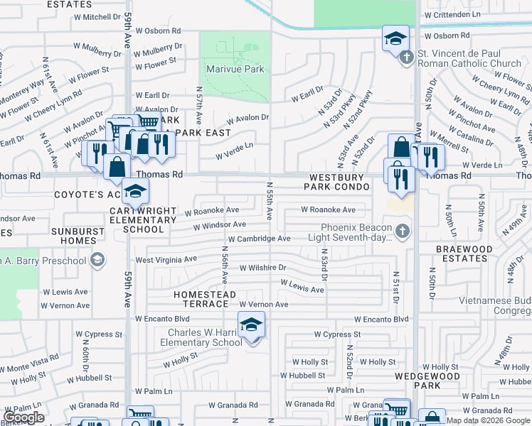 map of restaurants, bars, coffee shops, grocery stores, and more near 2813 North 55th Avenue in Phoenix