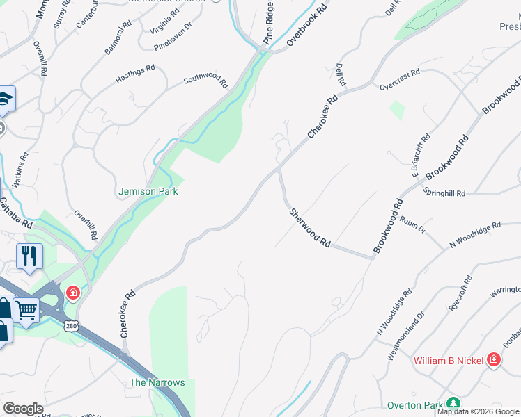 map of restaurants, bars, coffee shops, grocery stores, and more near 2975 Cherokee Road in Birmingham