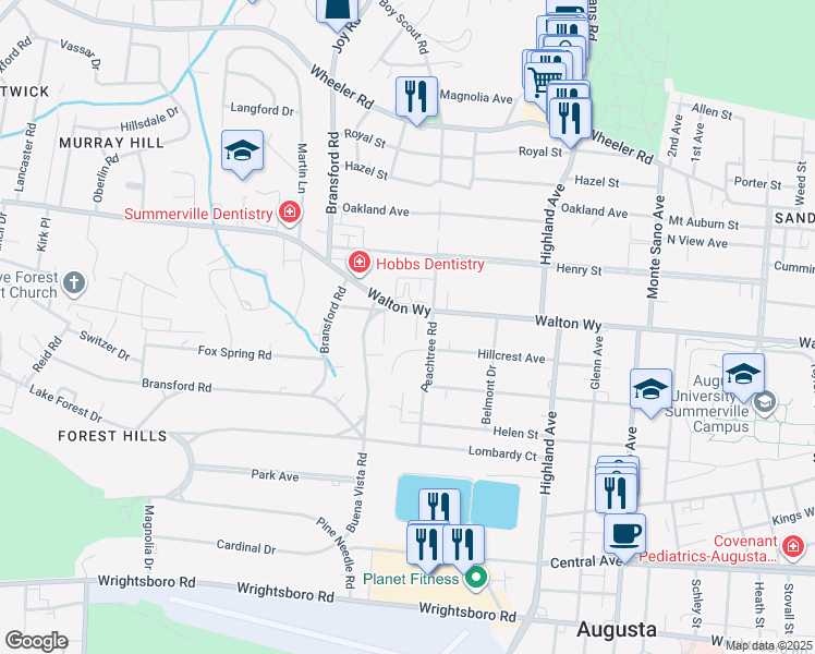 map of restaurants, bars, coffee shops, grocery stores, and more near 2846 Walton Way in Augusta