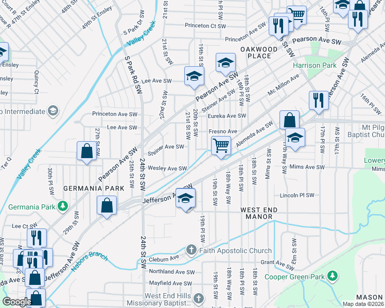 map of restaurants, bars, coffee shops, grocery stores, and more near 1109 20th Street Southwest in Birmingham