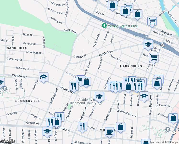 map of restaurants, bars, coffee shops, grocery stores, and more near 817 Hickman Road in Augusta