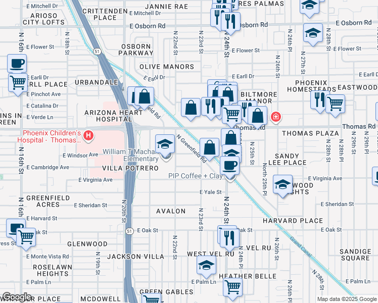 map of restaurants, bars, coffee shops, grocery stores, and more near 2834 North Greenfield Road in Phoenix