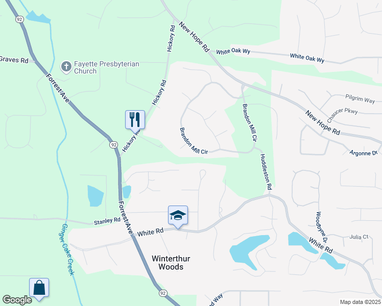 map of restaurants, bars, coffee shops, grocery stores, and more near 260 Brandon Mill Circle in Fayetteville