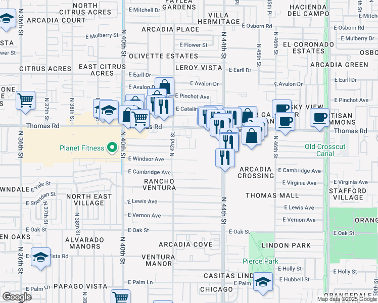 map of restaurants, bars, coffee shops, grocery stores, and more near 4231 East Edgemont Avenue in Phoenix
