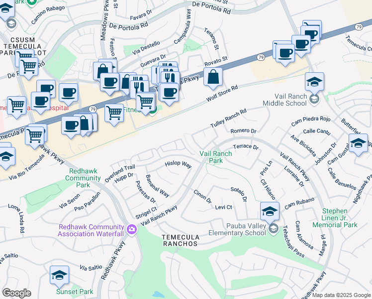 map of restaurants, bars, coffee shops, grocery stores, and more near 32731 Willowvail Circle in Temecula
