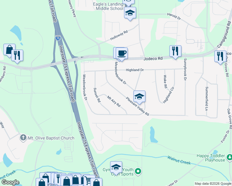 map of restaurants, bars, coffee shops, grocery stores, and more near 110 Pleasant Valley Road in McDonough