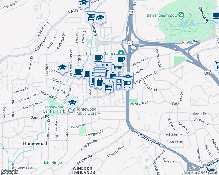 map of restaurants, bars, coffee shops, grocery stores, and more near 1840 Oxmoor Road in Homewood