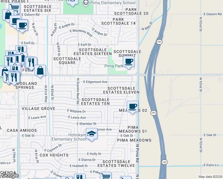 map of restaurants, bars, coffee shops, grocery stores, and more near 8607 East Roanoke Avenue in Scottsdale