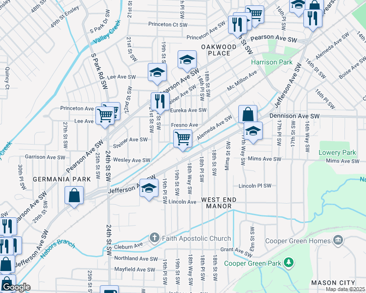 map of restaurants, bars, coffee shops, grocery stores, and more near 1848 Alemeda Avenue Southwest in Birmingham