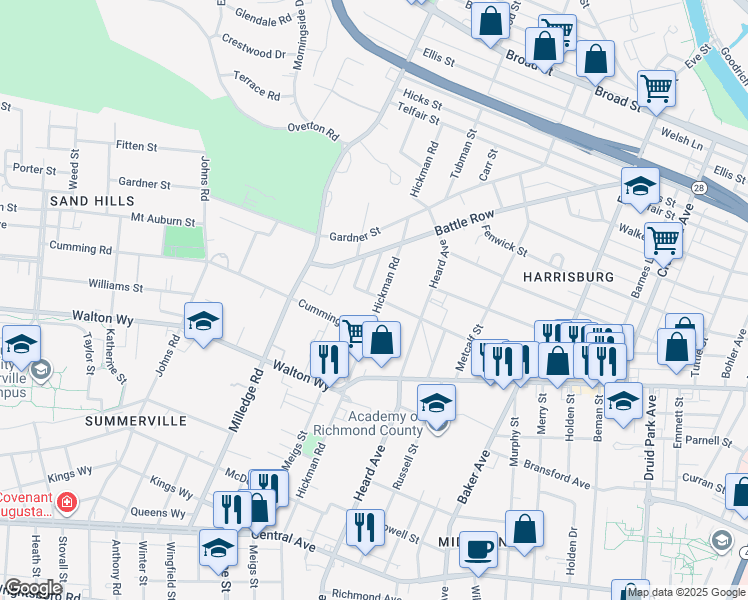 map of restaurants, bars, coffee shops, grocery stores, and more near 2108 Gary Street in Augusta
