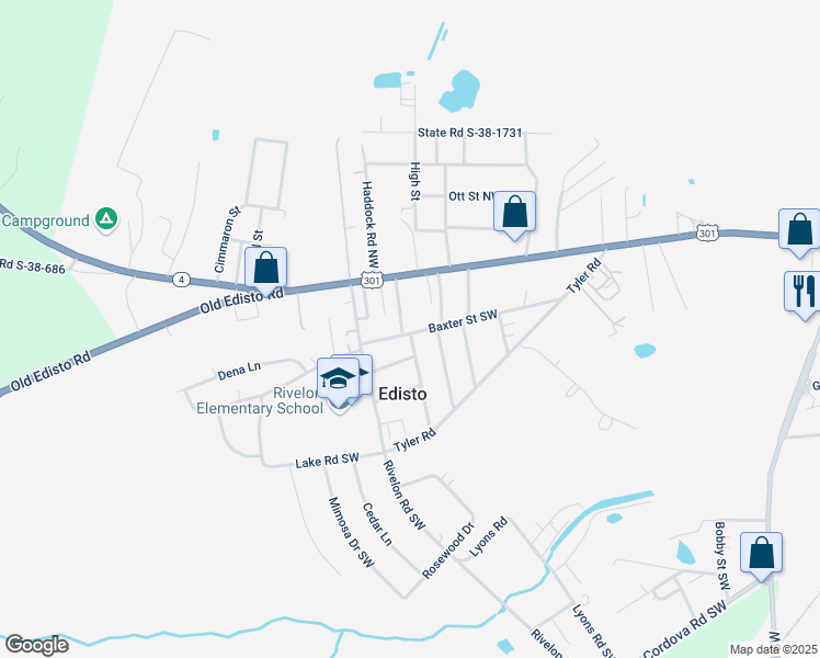 map of restaurants, bars, coffee shops, grocery stores, and more near 1440 Baxter Street Southwest in Orangeburg