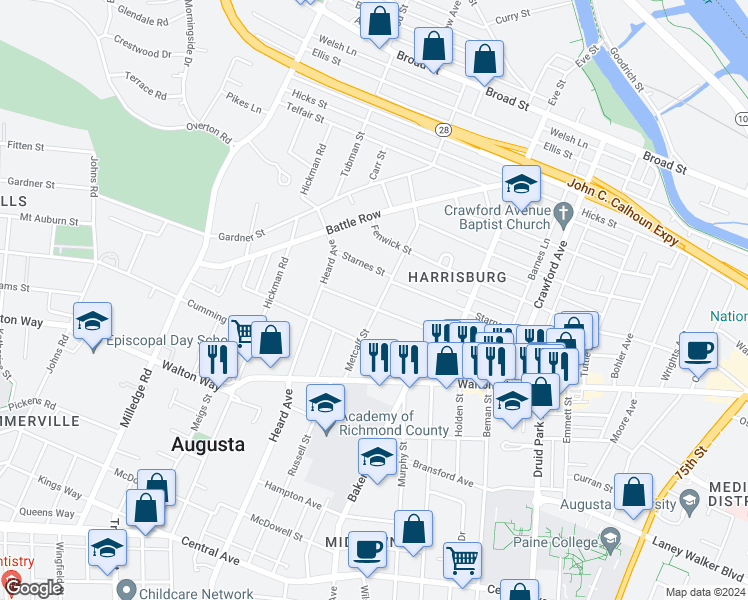 map of restaurants, bars, coffee shops, grocery stores, and more near 2003 Warren Street in Augusta