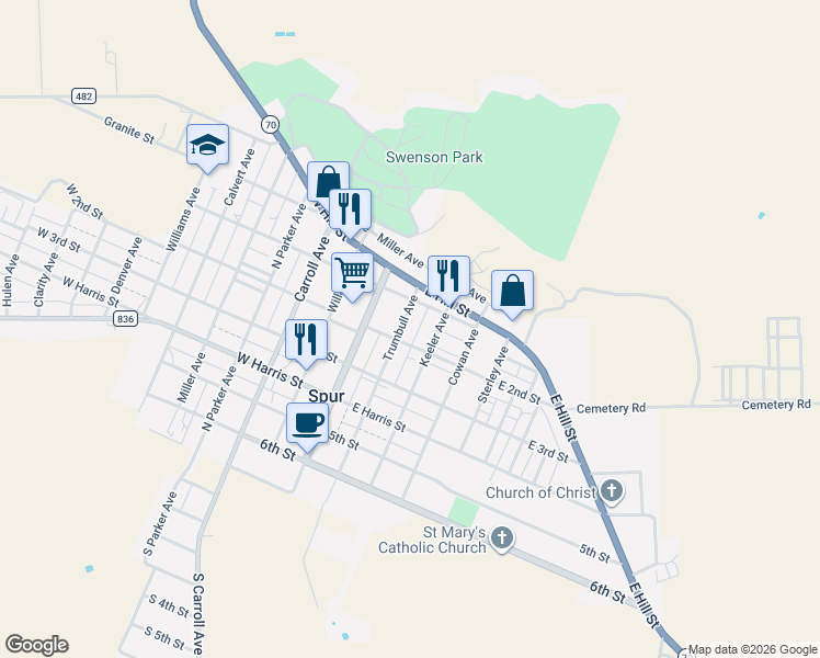 map of restaurants, bars, coffee shops, grocery stores, and more near 600-698 Trumbull Avenue in Spur