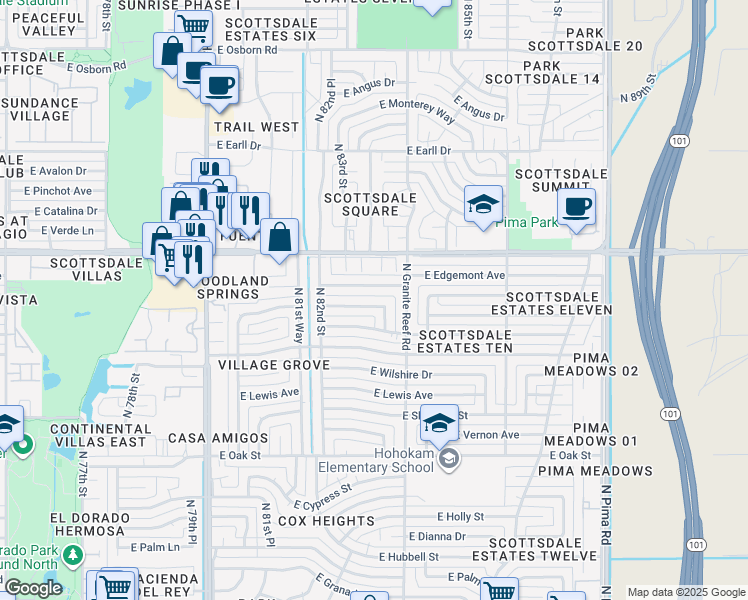 map of restaurants, bars, coffee shops, grocery stores, and more near 8310 East Windsor Avenue in Scottsdale