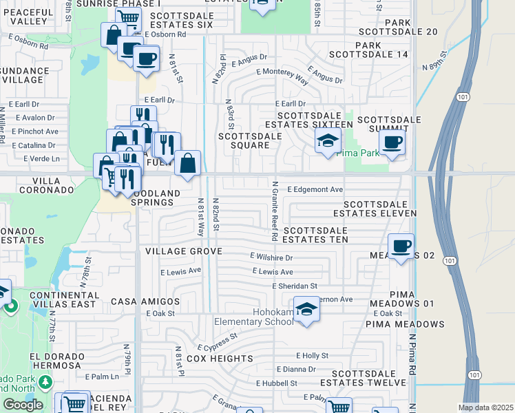 map of restaurants, bars, coffee shops, grocery stores, and more near 8310 East Windsor Avenue in Scottsdale