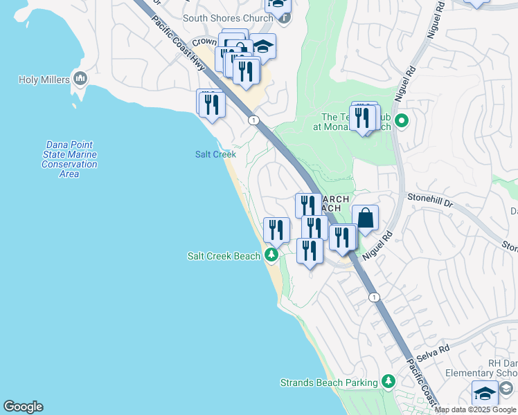 map of restaurants, bars, coffee shops, grocery stores, and more near 18 Ritz Cove Drive in Dana Point