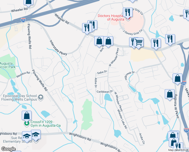 map of restaurants, bars, coffee shops, grocery stores, and more near 3017 Abba Drive in Augusta