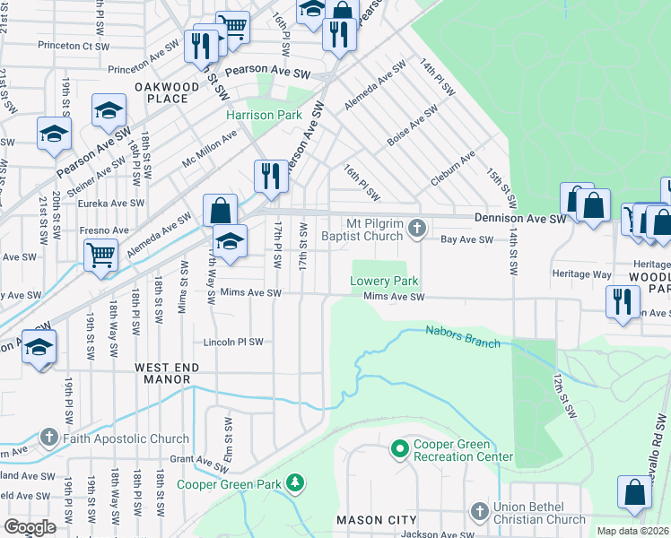 map of restaurants, bars, coffee shops, grocery stores, and more near 1419 16th Way Southwest in Birmingham