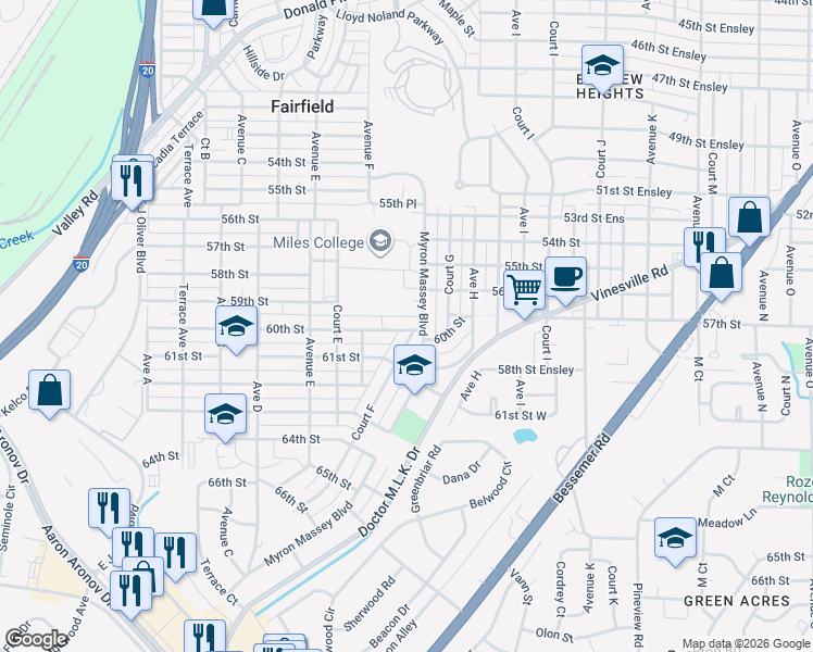 map of restaurants, bars, coffee shops, grocery stores, and more near 720 60th Street Ensley in Fairfield