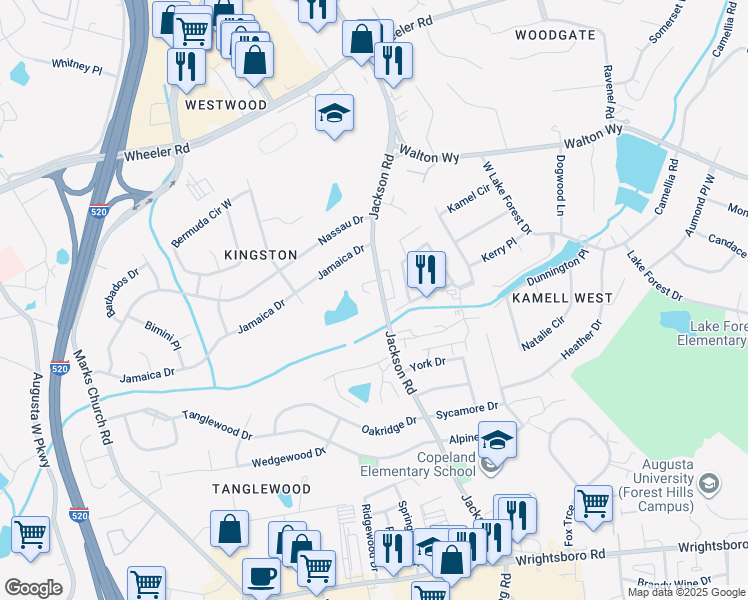 map of restaurants, bars, coffee shops, grocery stores, and more near 1339 Jackson Rd in Augusta