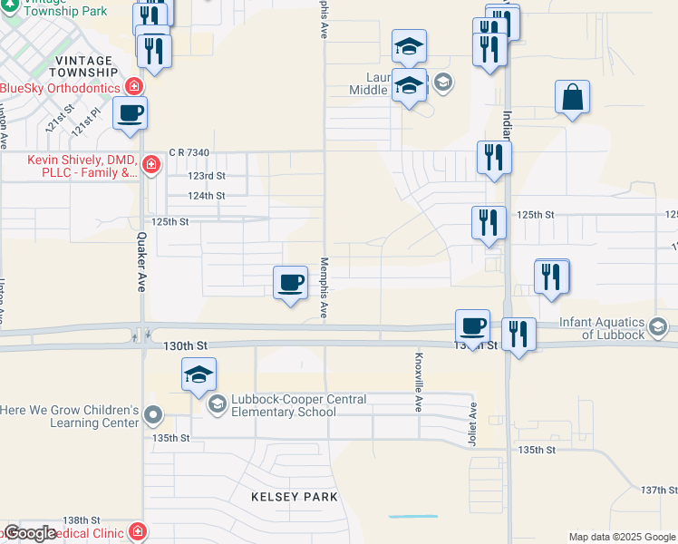 map of restaurants, bars, coffee shops, grocery stores, and more near 3814 130th Street in Lubbock