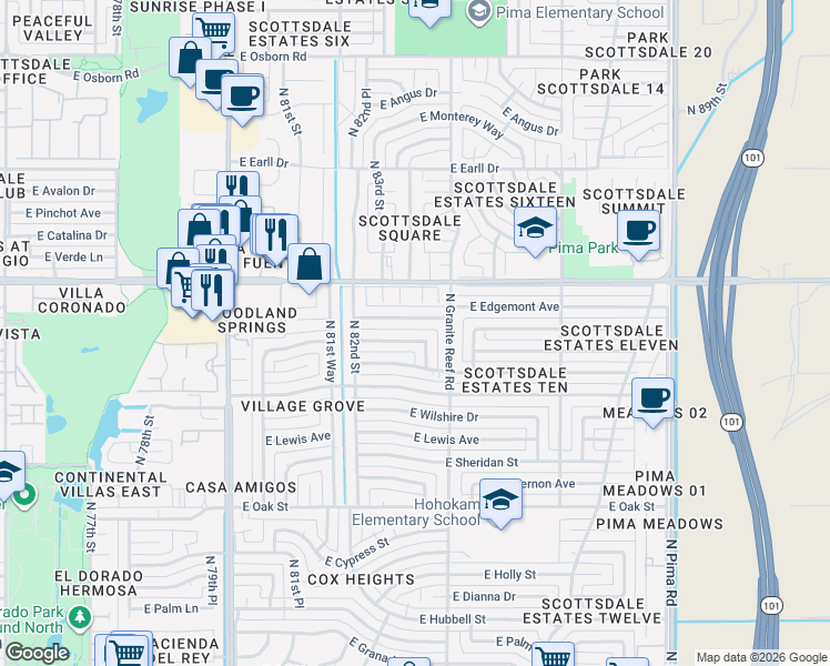 map of restaurants, bars, coffee shops, grocery stores, and more near 8310 East Windsor Avenue in Scottsdale