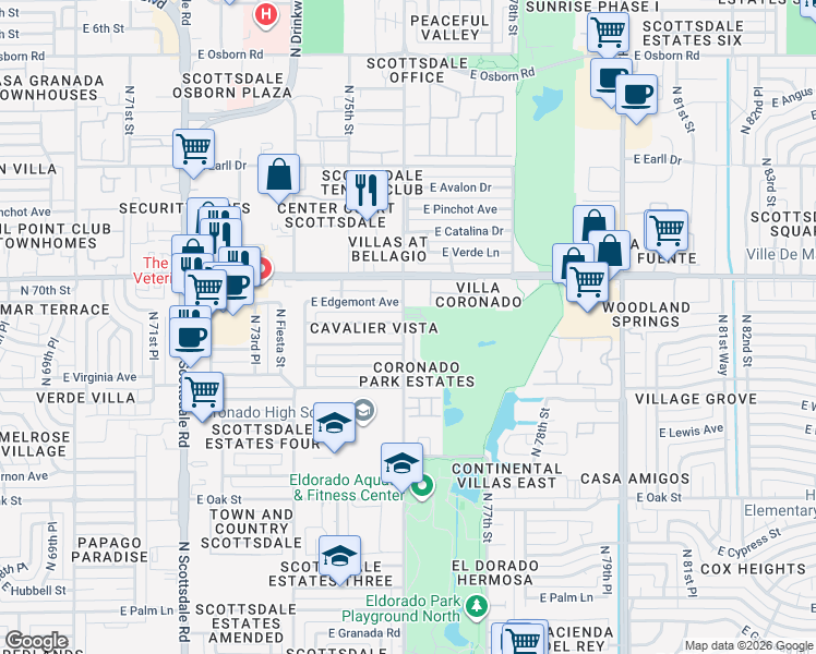 map of restaurants, bars, coffee shops, grocery stores, and more near 7536 East Cambridge Avenue in Scottsdale