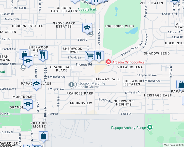 map of restaurants, bars, coffee shops, grocery stores, and more near 5525 East Thomas Road in Phoenix