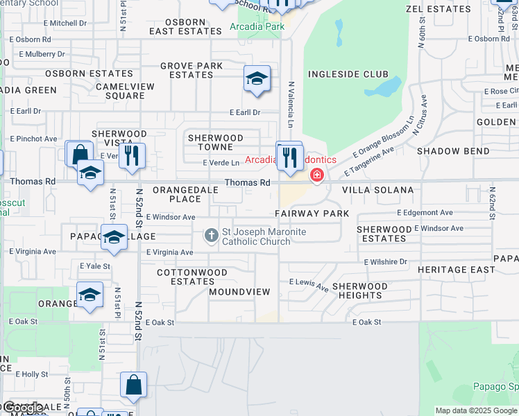 map of restaurants, bars, coffee shops, grocery stores, and more near 5525 East Thomas Road in Phoenix