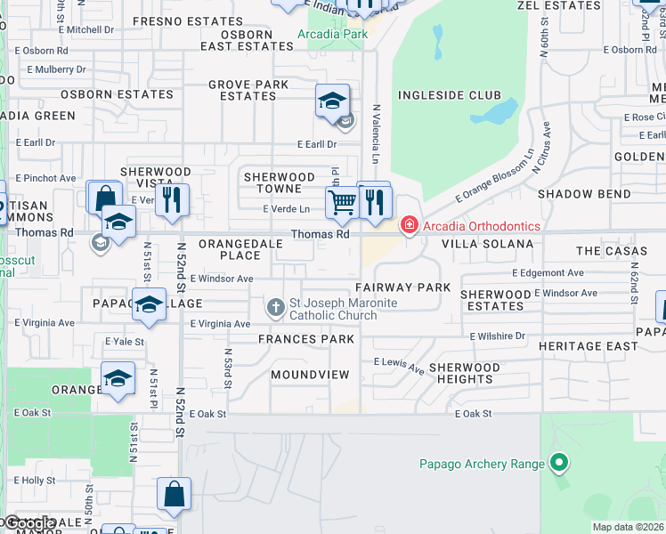 map of restaurants, bars, coffee shops, grocery stores, and more near 5402 East Windsor Avenue in Phoenix