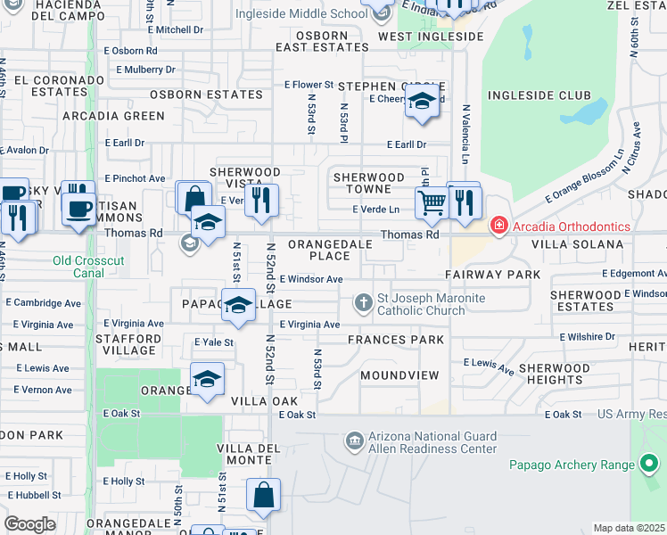 map of restaurants, bars, coffee shops, grocery stores, and more near 5320 East Windsor Avenue in Phoenix