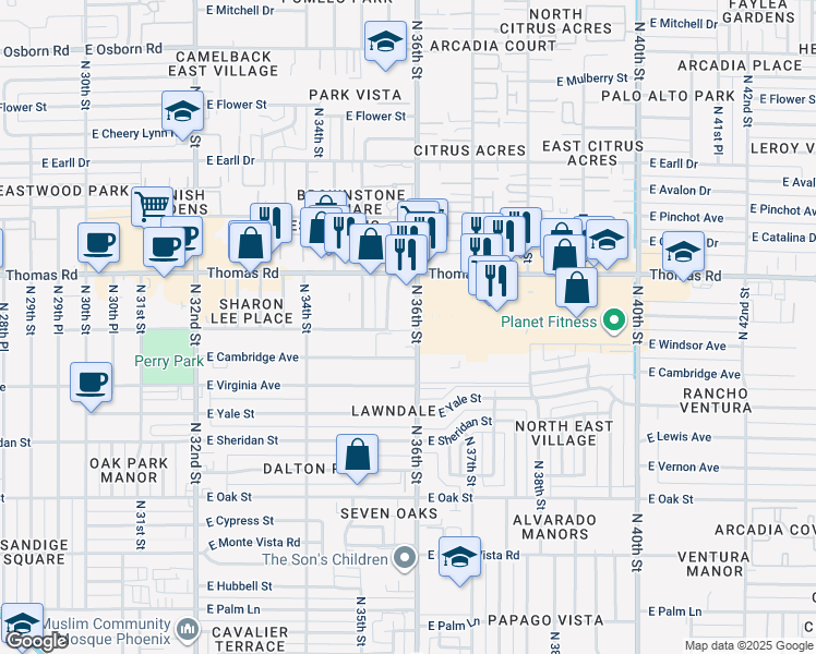map of restaurants, bars, coffee shops, grocery stores, and more near 2801 North 35th Place in Phoenix