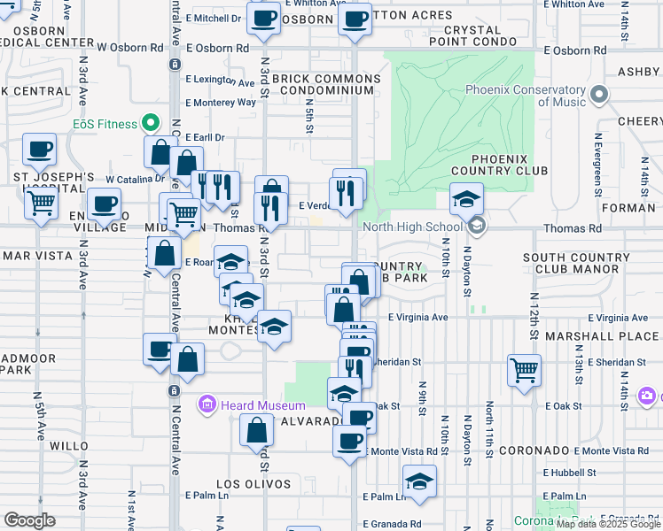map of restaurants, bars, coffee shops, grocery stores, and more near 501 East Roanoke Avenue in Phoenix