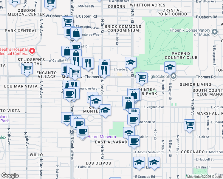 map of restaurants, bars, coffee shops, grocery stores, and more near 332 East Windsor Avenue in Phoenix