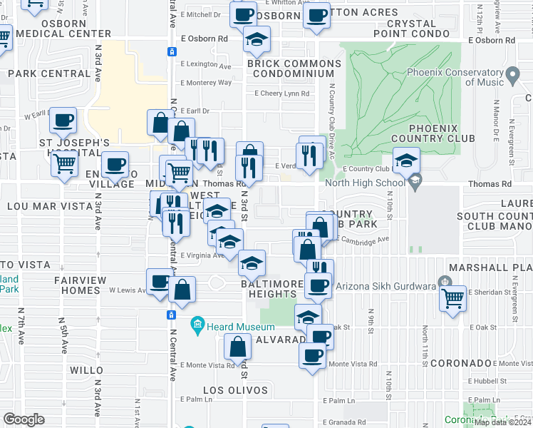 map of restaurants, bars, coffee shops, grocery stores, and more near 332 East Windsor Avenue in Phoenix