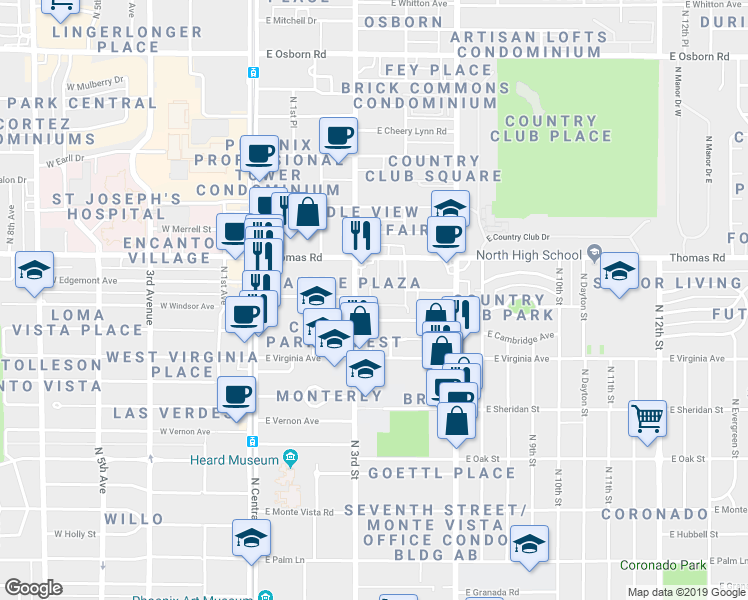 map of restaurants, bars, coffee shops, grocery stores, and more near 349 East Thomas Road in Phoenix