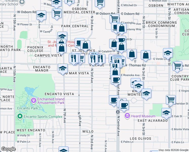 map of restaurants, bars, coffee shops, grocery stores, and more near 308 West Windsor Avenue in Phoenix