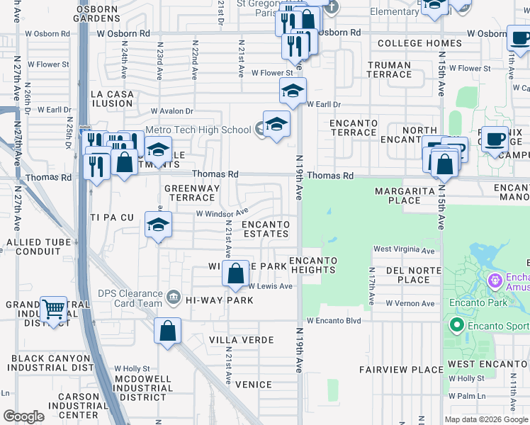 map of restaurants, bars, coffee shops, grocery stores, and more near in Phoenix