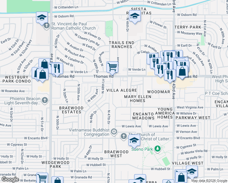 map of restaurants, bars, coffee shops, grocery stores, and more near 4625 West Thomas Road in Phoenix