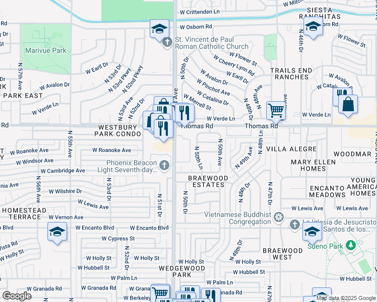 map of restaurants, bars, coffee shops, grocery stores, and more near North 51st Avenue in Phoenix