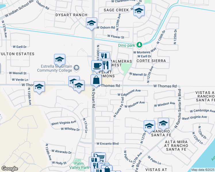map of restaurants, bars, coffee shops, grocery stores, and more near 13045-13055 West Thomas Road in Avondale