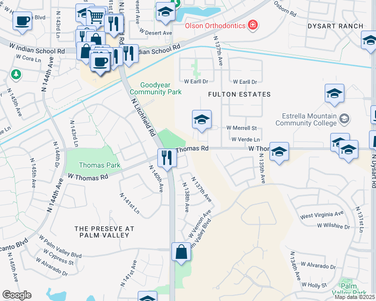 map of restaurants, bars, coffee shops, grocery stores, and more near 2801 North Litchfield Road in Goodyear