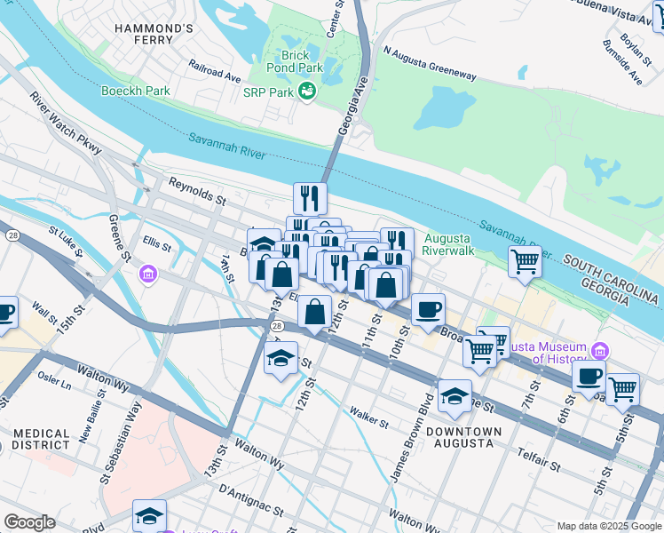 map of restaurants, bars, coffee shops, grocery stores, and more near 1228 Jones Street in Augusta