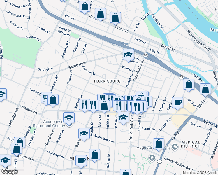 map of restaurants, bars, coffee shops, grocery stores, and more near 1855 Starnes Street in Augusta