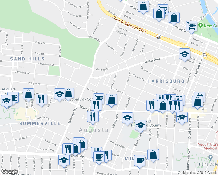 map of restaurants, bars, coffee shops, grocery stores, and more near 817 Hickman Road in Augusta