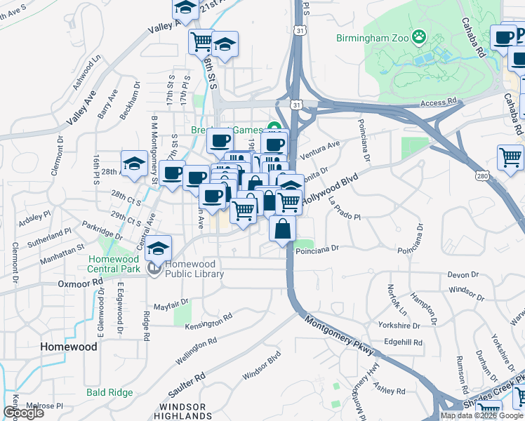 map of restaurants, bars, coffee shops, grocery stores, and more near in Homewood