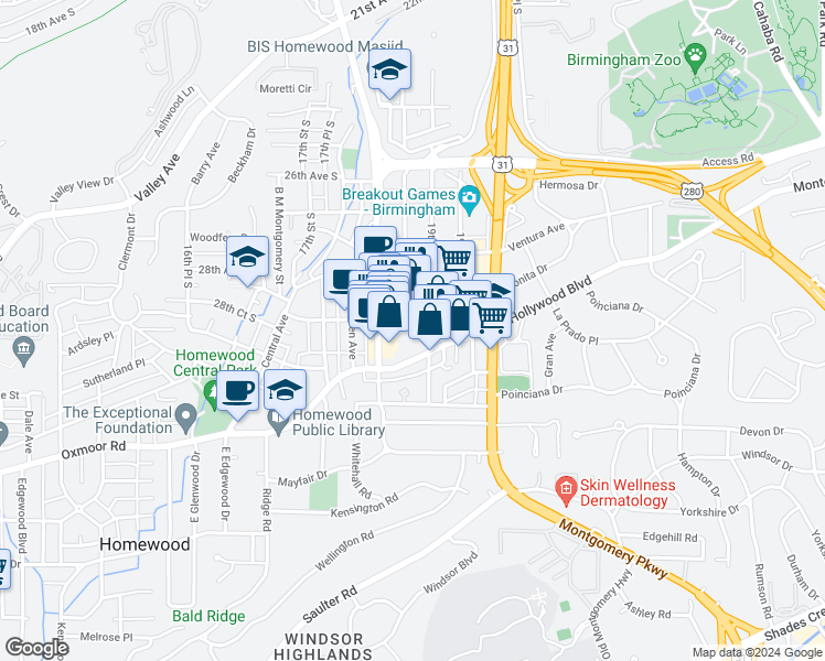 map of restaurants, bars, coffee shops, grocery stores, and more near 1840 Oxmoor Road in Homewood