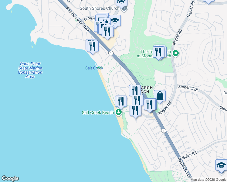 map of restaurants, bars, coffee shops, grocery stores, and more near 18 Ritz Cove Drive in Dana Point