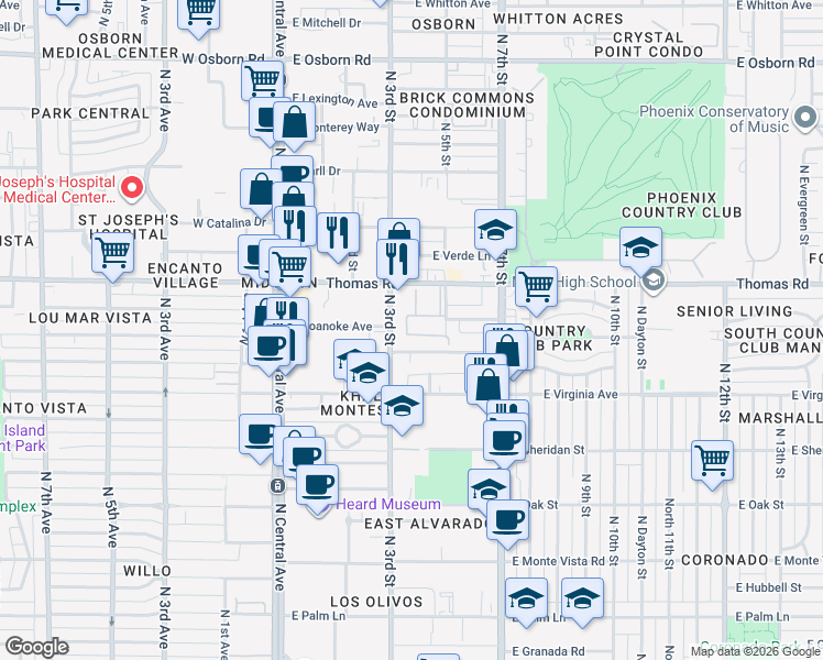 map of restaurants, bars, coffee shops, grocery stores, and more near 332 East Windsor Avenue in Phoenix