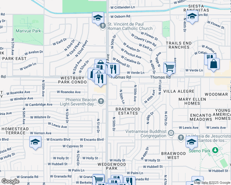 map of restaurants, bars, coffee shops, grocery stores, and more near North 51st Avenue in Phoenix